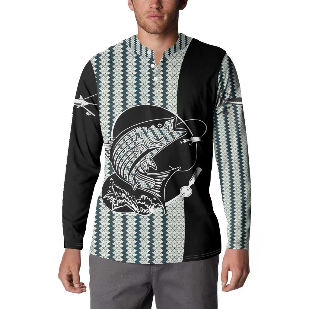 Striped Bass Jumping Graphic Button Sweatshirt Rod Reel and Airplane on Fish Scale Pattern - Wonder Print Shop