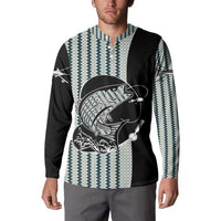Striped Bass Jumping Graphic Button Sweatshirt Rod Reel and Airplane on Fish Scale Pattern - Wonder Print Shop