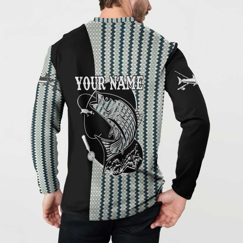 Striped Bass Jumping Graphic Button Sweatshirt Rod Reel and Airplane on Fish Scale Pattern - Wonder Print Shop