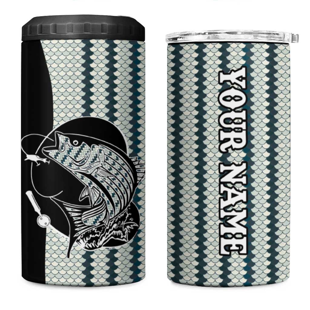 Striped Bass Jumping Graphic 4 in 1 Can Cooler Tumbler Rod Reel and Airplane on Fish Scale Pattern - Wonder Print Shop