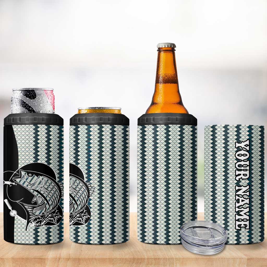Striped Bass Jumping Graphic 4 in 1 Can Cooler Tumbler Rod Reel and Airplane on Fish Scale Pattern - Wonder Print Shop