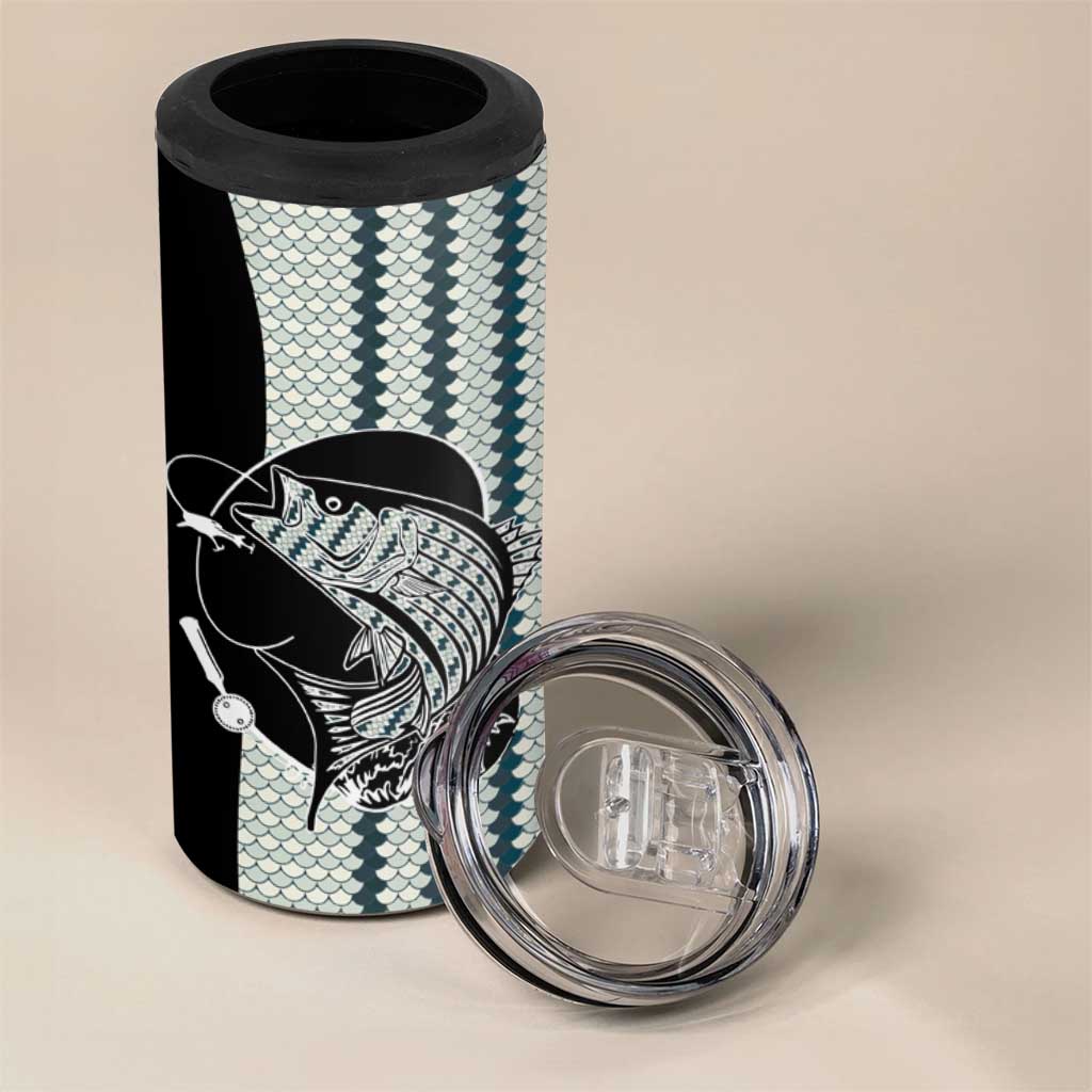 Striped Bass Jumping Graphic 4 in 1 Can Cooler Tumbler Rod Reel and Airplane on Fish Scale Pattern - Wonder Print Shop