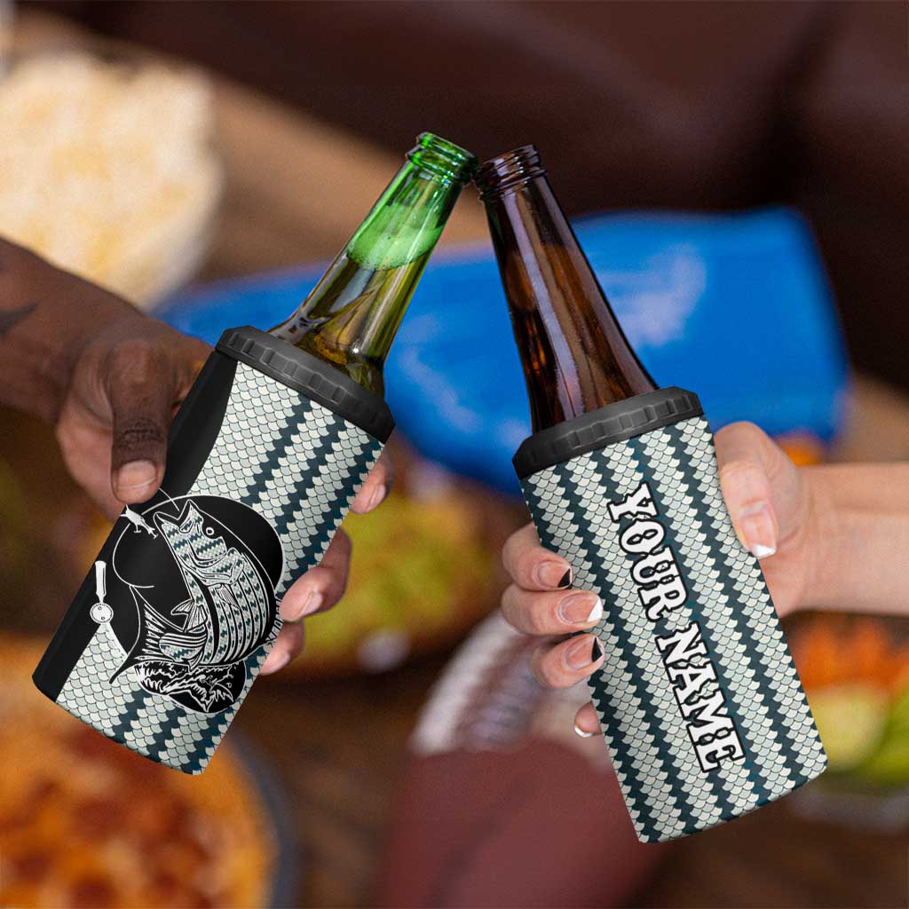 Striped Bass Jumping Graphic 4 in 1 Can Cooler Tumbler Rod Reel and Airplane on Fish Scale Pattern - Wonder Print Shop