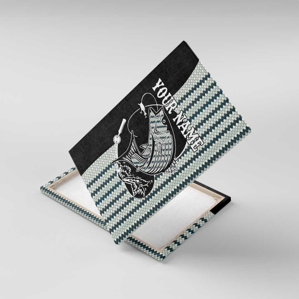 Striped Bass Jumping Graphic Canvas Wall Art Rod Reel and Airplane on Fish Scale Pattern - Wonder Print Shop