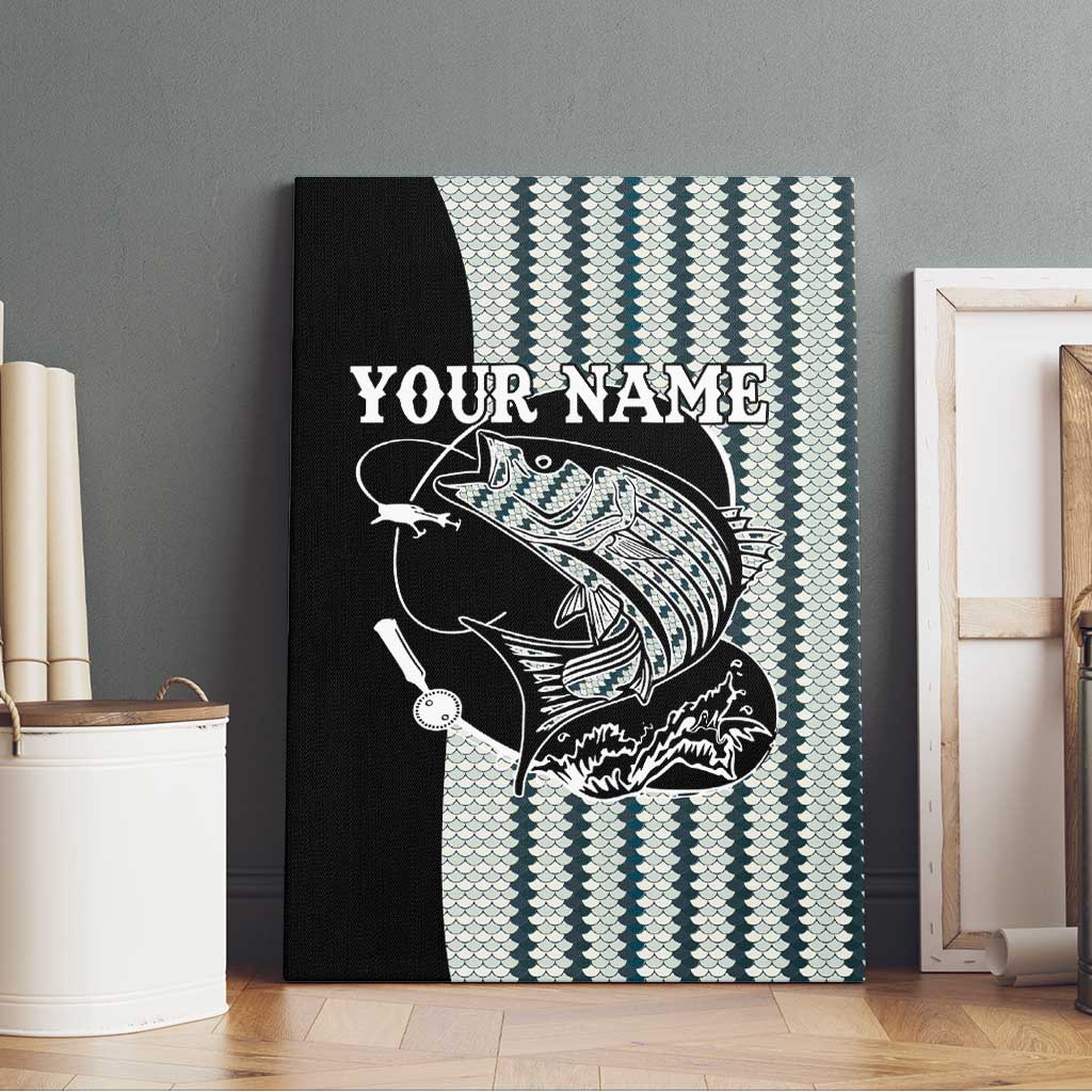 Striped Bass Jumping Graphic Canvas Wall Art Rod Reel and Airplane on Fish Scale Pattern - Wonder Print Shop