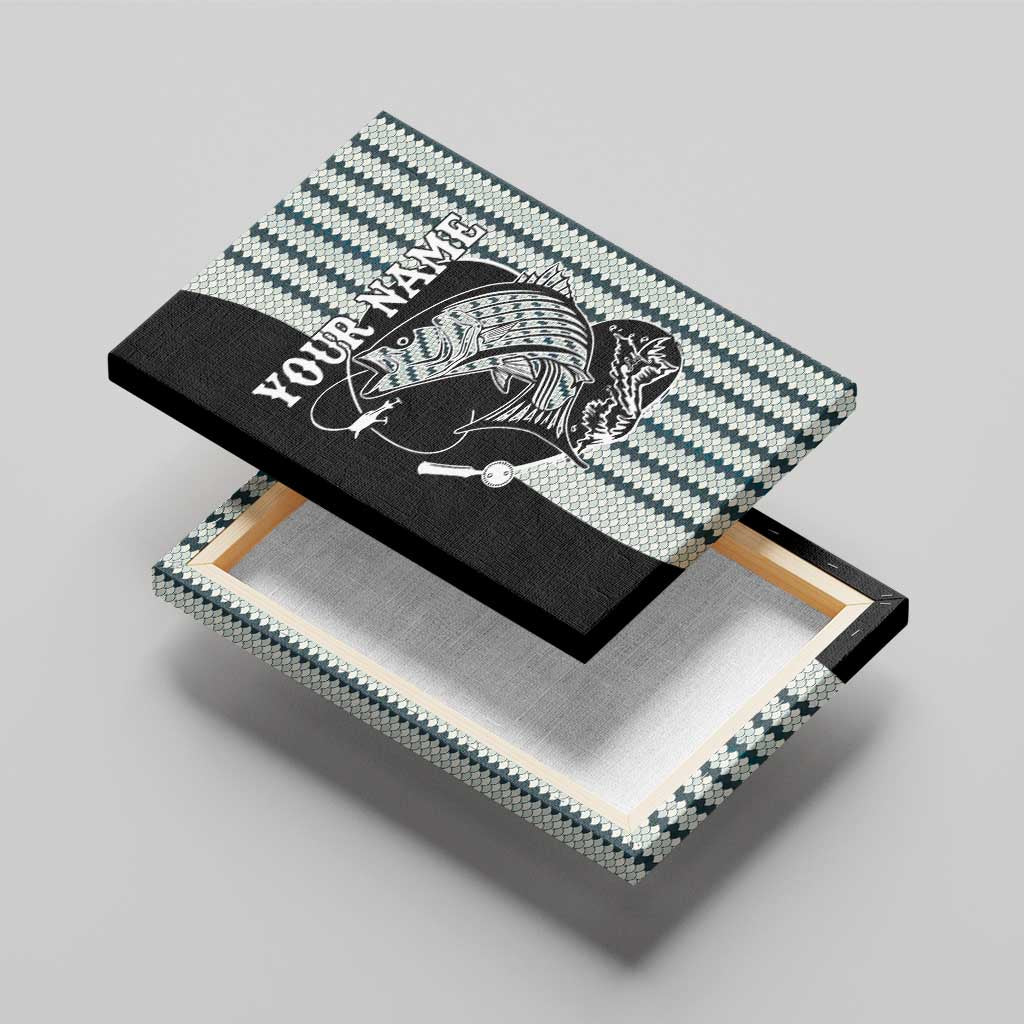 Striped Bass Jumping Graphic Canvas Wall Art Rod Reel and Airplane on Fish Scale Pattern - Wonder Print Shop