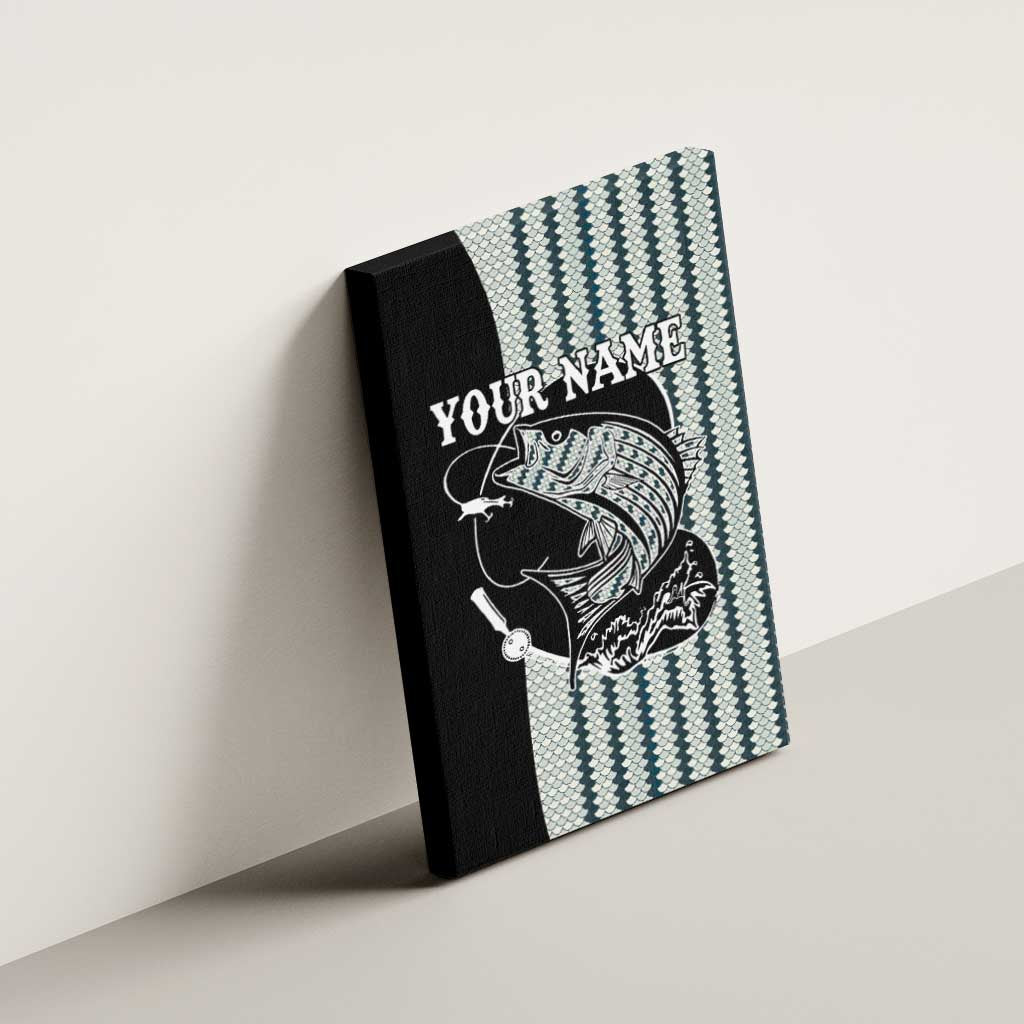 Striped Bass Jumping Graphic Canvas Wall Art Rod Reel and Airplane on Fish Scale Pattern - Wonder Print Shop