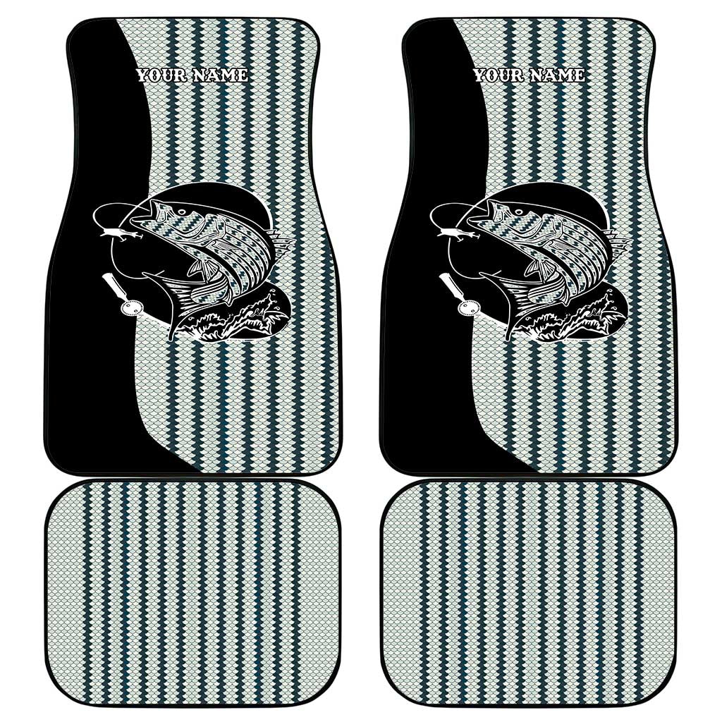 Striped Bass Jumping Graphic Car Mats Rod Reel and Airplane on Fish Scale Pattern - Wonder Print Shop