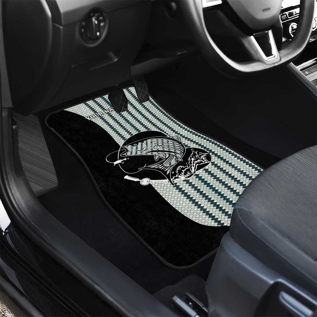 Striped Bass Jumping Graphic Car Mats Rod Reel and Airplane on Fish Scale Pattern - Wonder Print Shop