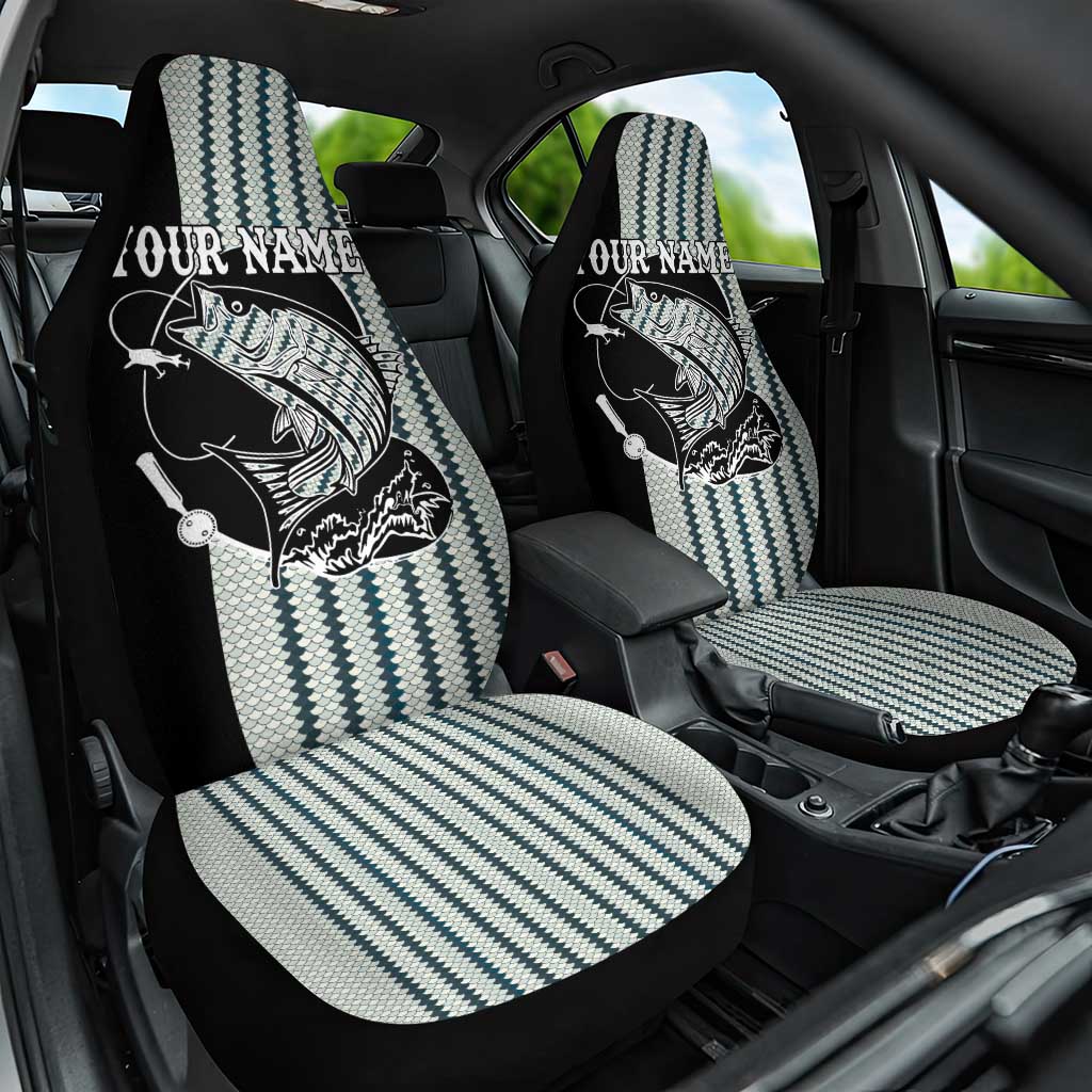 Striped Bass Jumping Graphic Car Seat Cover Rod Reel and Airplane on Fish Scale Pattern - Wonder Print Shop