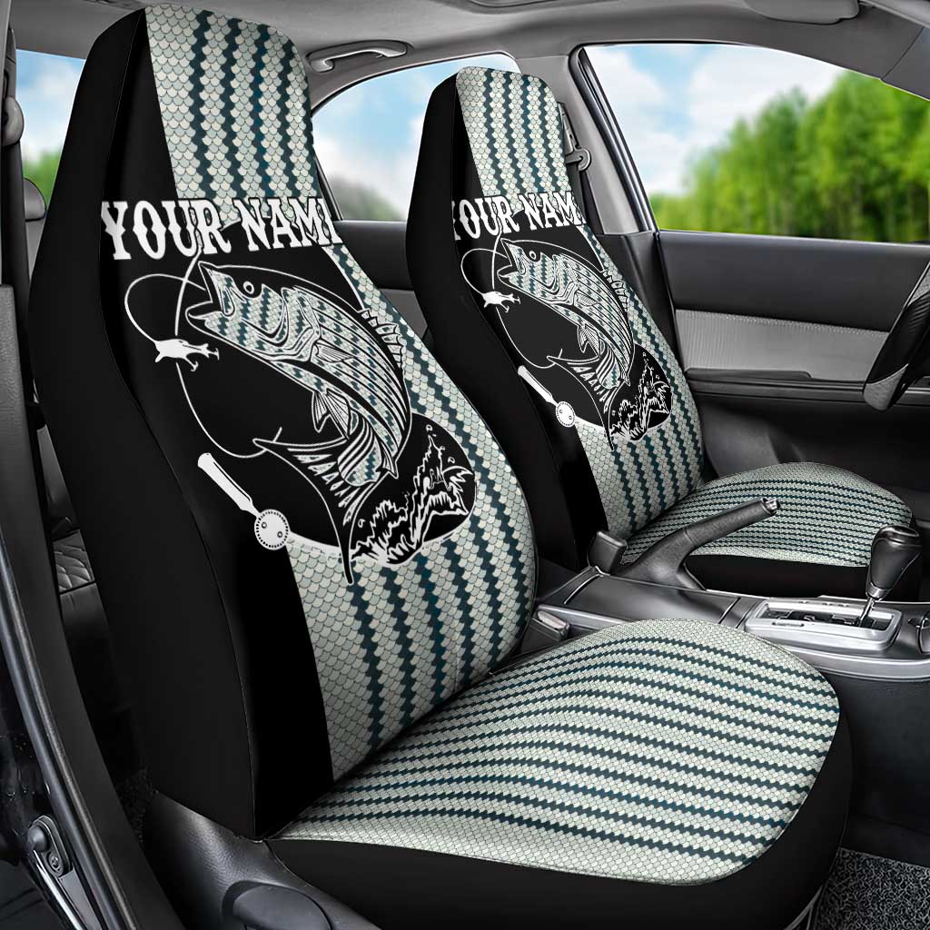 Striped Bass Jumping Graphic Car Seat Cover Rod Reel and Airplane on Fish Scale Pattern - Wonder Print Shop