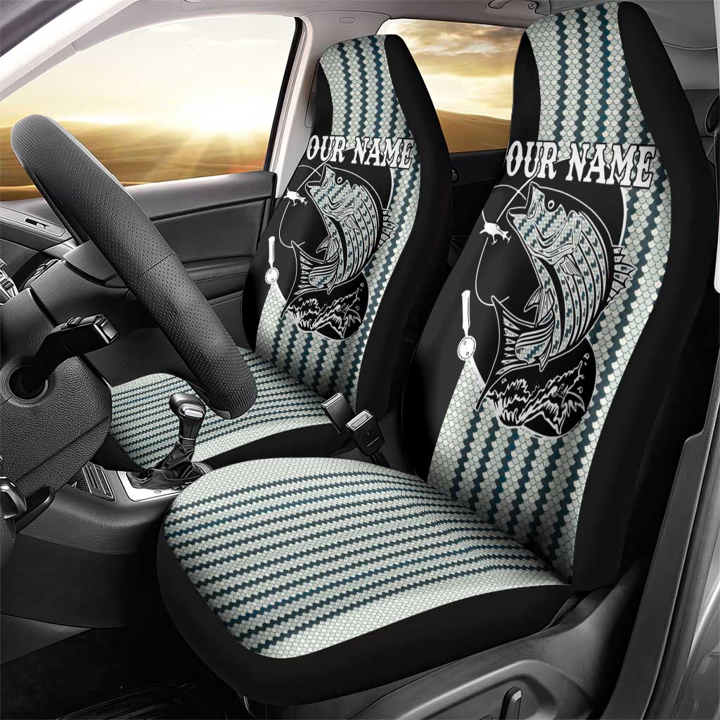 Striped Bass Jumping Graphic Car Seat Cover Rod Reel and Airplane on Fish Scale Pattern - Wonder Print Shop