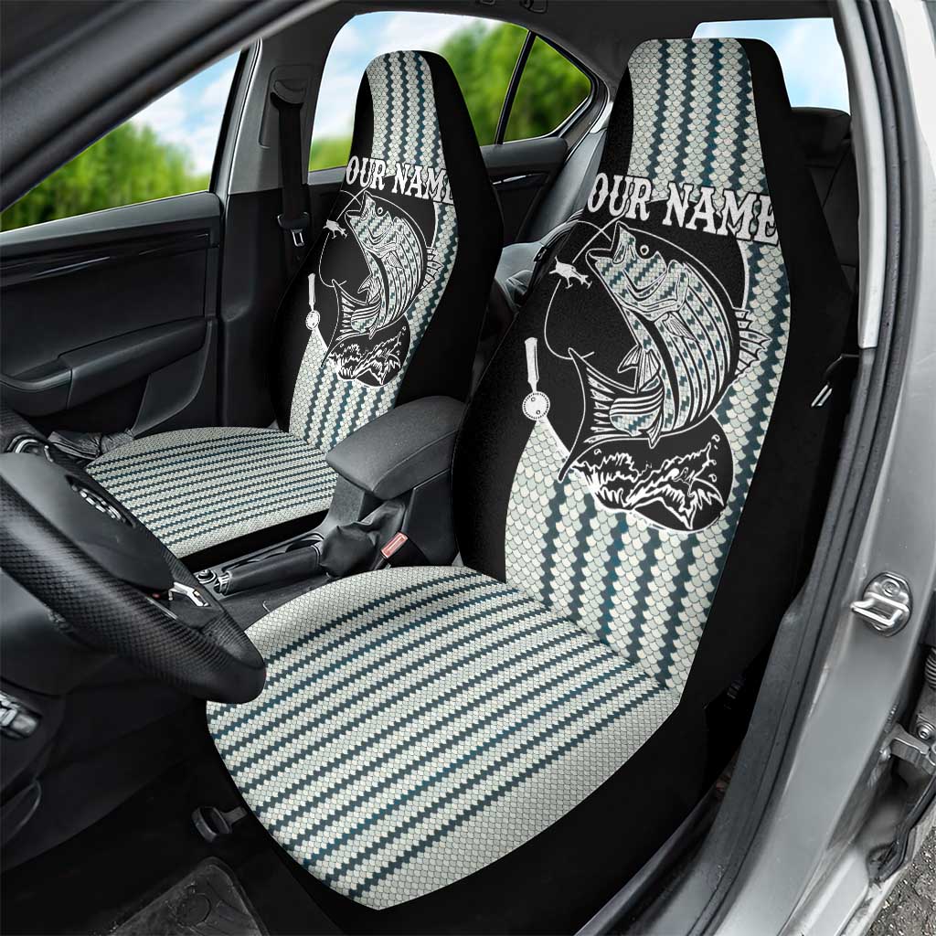 Striped Bass Jumping Graphic Car Seat Cover Rod Reel and Airplane on Fish Scale Pattern - Wonder Print Shop