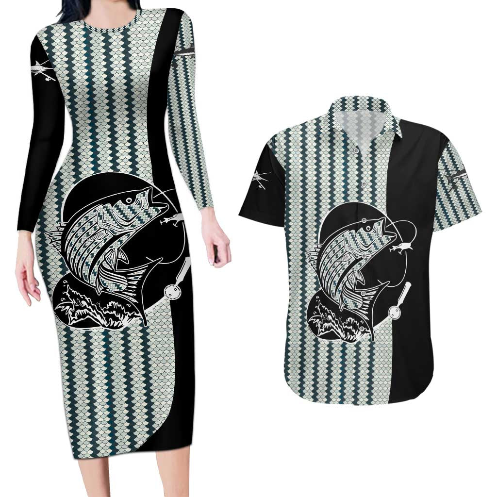Striped Bass Jumping Graphic Couples Matching Long Sleeve Bodycon Dress and Hawaiian Shirt Rod Reel and Airplane on Fish Scale Pattern - Wonder Print Shop