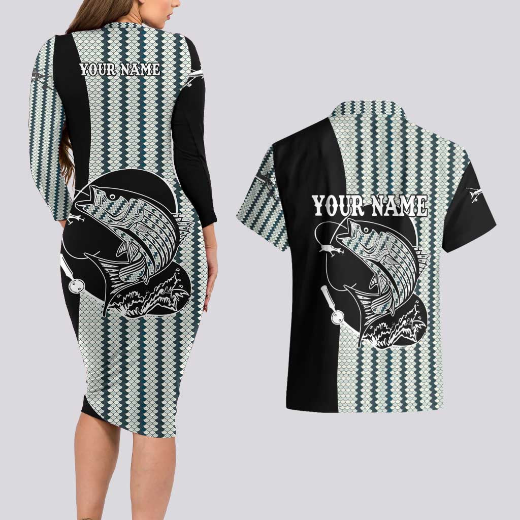 Striped Bass Jumping Graphic Couples Matching Long Sleeve Bodycon Dress and Hawaiian Shirt Rod Reel and Airplane on Fish Scale Pattern - Wonder Print Shop