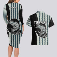 Striped Bass Jumping Graphic Couples Matching Long Sleeve Bodycon Dress and Hawaiian Shirt Rod Reel and Airplane on Fish Scale Pattern - Wonder Print Shop