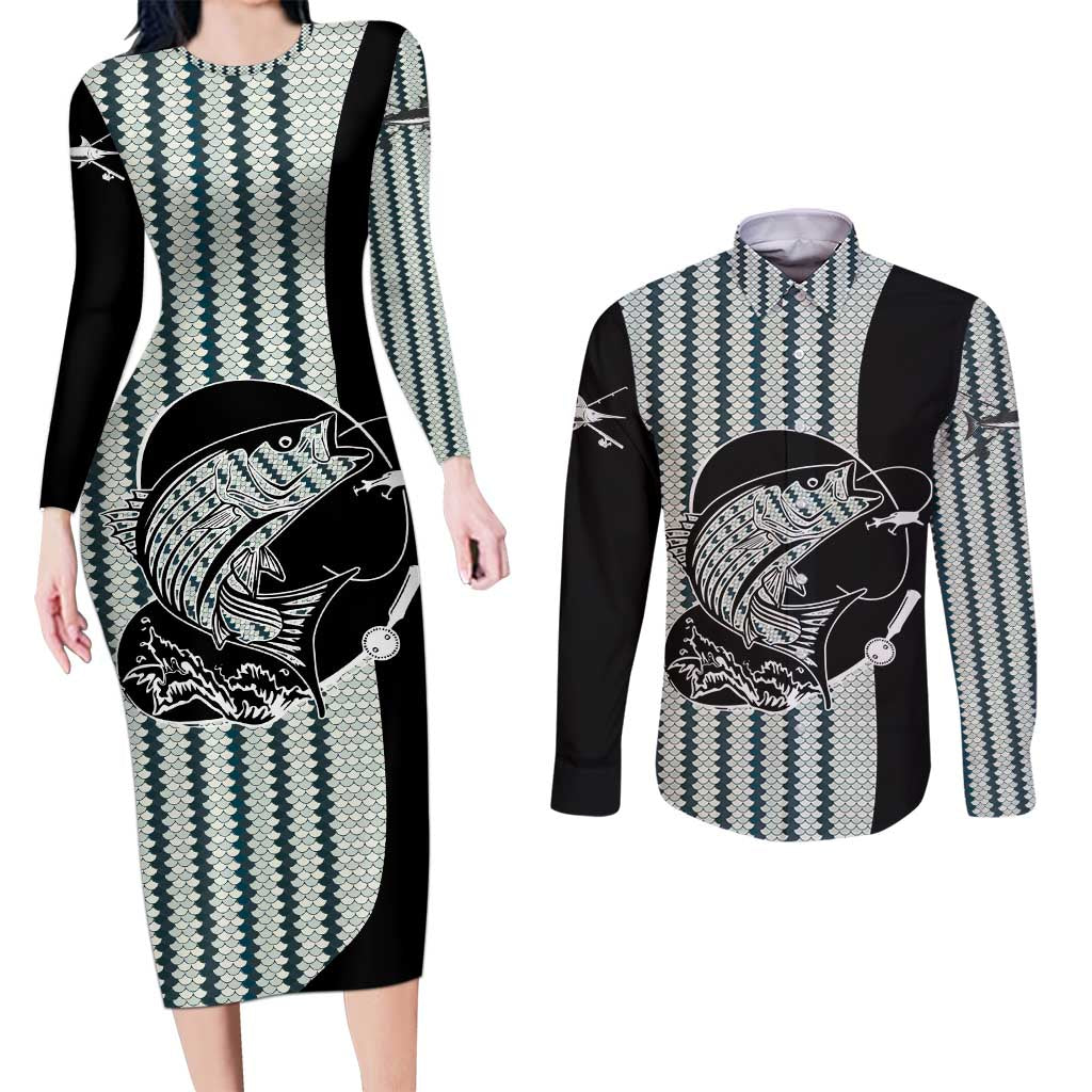 Striped Bass Jumping Graphic Couples Matching Long Sleeve Bodycon Dress and Long Sleeve Button Shirt Rod Reel and Airplane on Fish Scale Pattern - Wonder Print Shop