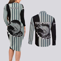 Striped Bass Jumping Graphic Couples Matching Long Sleeve Bodycon Dress and Long Sleeve Button Shirt Rod Reel and Airplane on Fish Scale Pattern - Wonder Print Shop