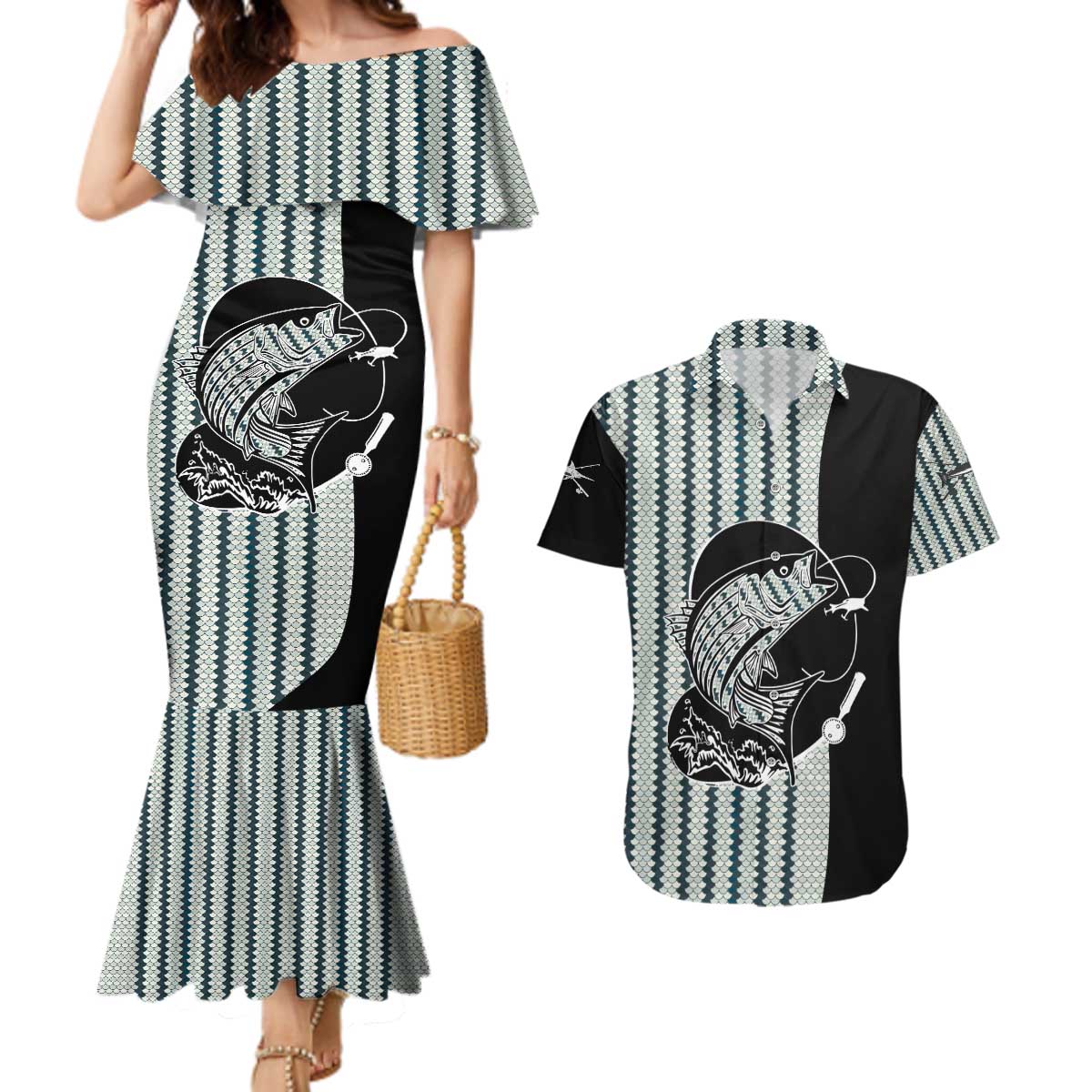 Striped Bass Jumping Graphic Couples Matching Mermaid Dress and Hawaiian Shirt Rod Reel and Airplane on Fish Scale Pattern - Wonder Print Shop