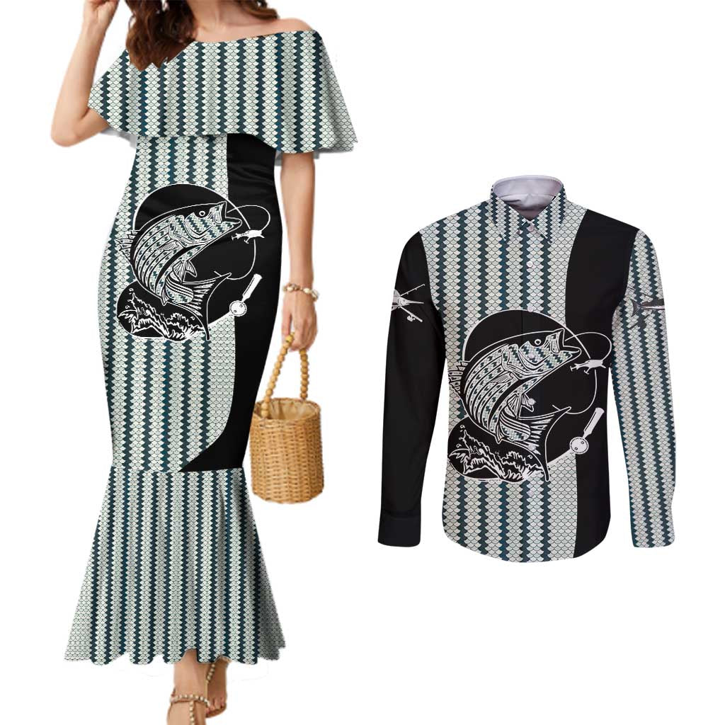 Striped Bass Jumping Graphic Couples Matching Mermaid Dress and Long Sleeve Button Shirt Rod Reel and Airplane on Fish Scale Pattern - Wonder Print Shop