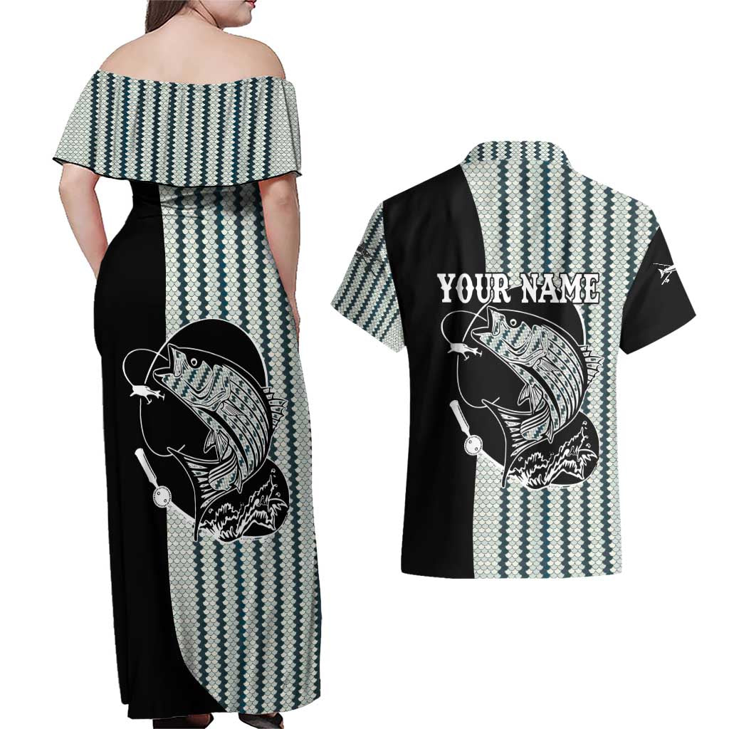 Striped Bass Jumping Graphic Couples Matching Off Shoulder Maxi Dress and Hawaiian Shirt Rod Reel and Airplane on Fish Scale Pattern - Wonder Print Shop