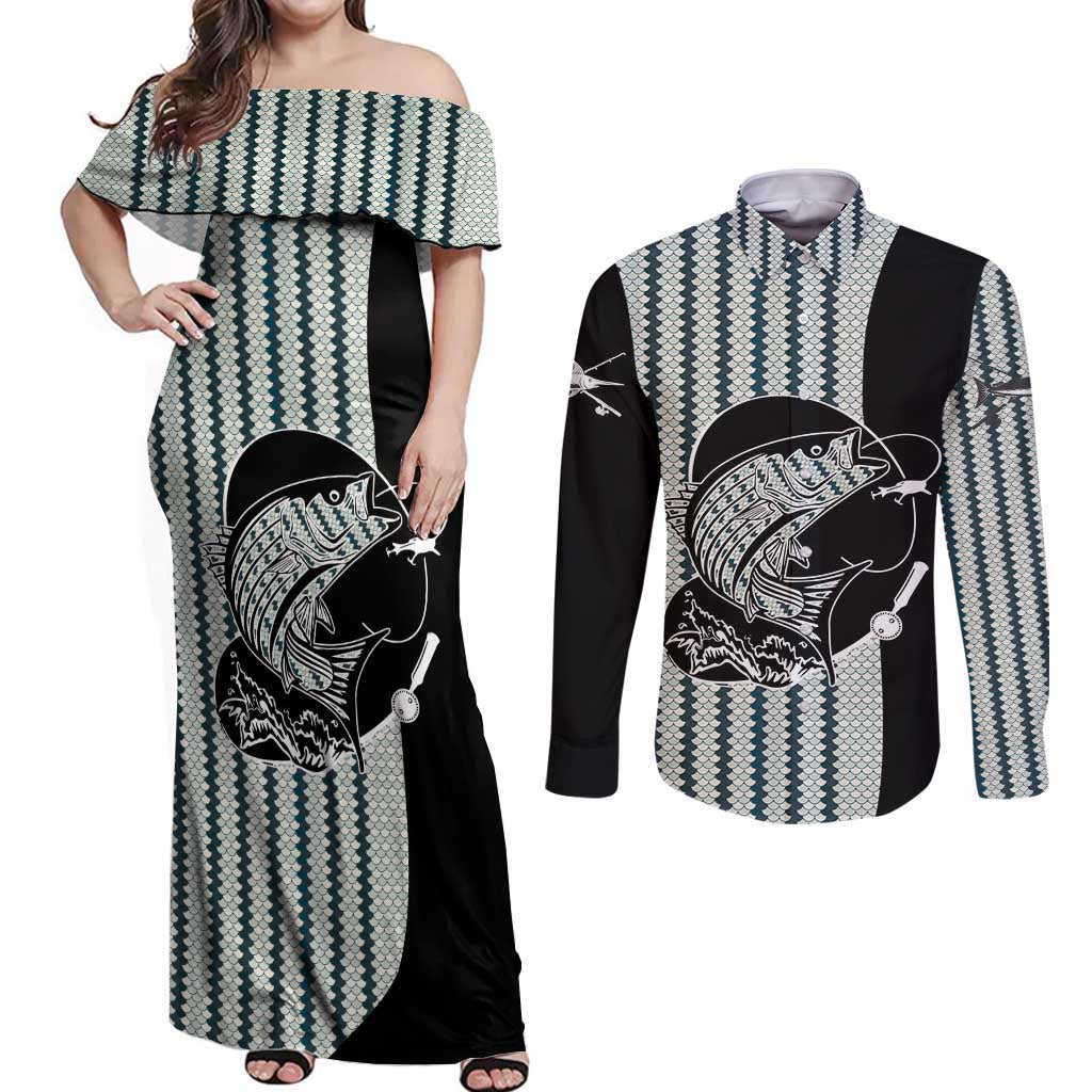 Striped Bass Jumping Graphic Couples Matching Off Shoulder Maxi Dress and Long Sleeve Button Shirt Rod Reel and Airplane on Fish Scale Pattern - Wonder Print Shop