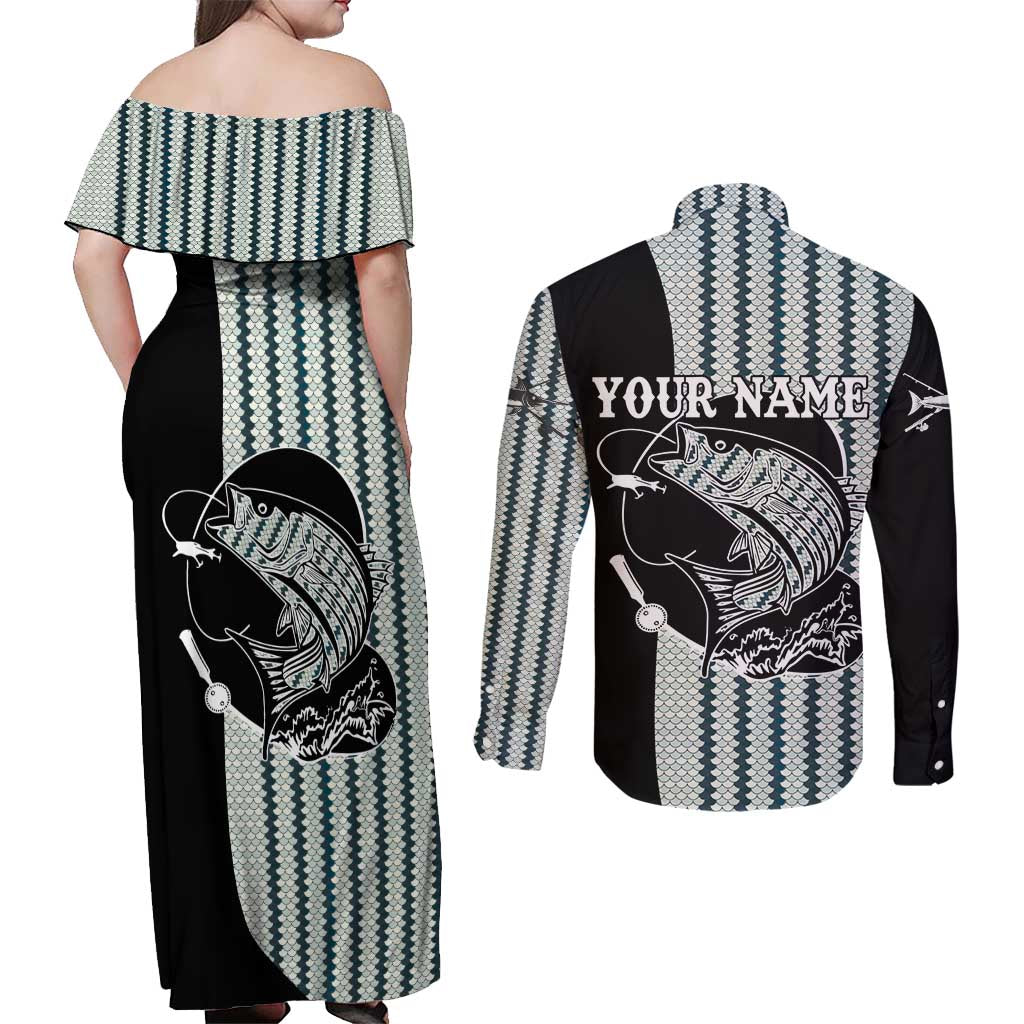 Striped Bass Jumping Graphic Couples Matching Off Shoulder Maxi Dress and Long Sleeve Button Shirt Rod Reel and Airplane on Fish Scale Pattern - Wonder Print Shop