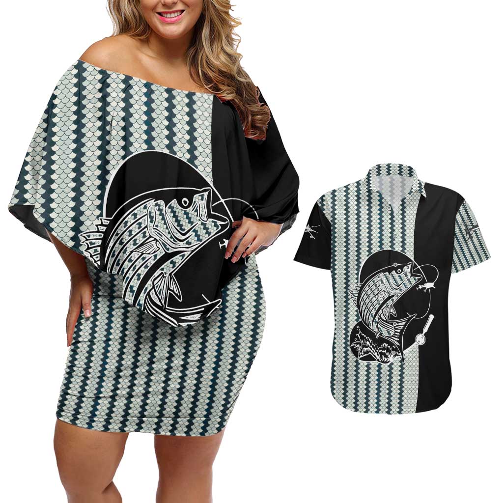 Striped Bass Jumping Graphic Couples Matching Off Shoulder Short Dress and Hawaiian Shirt Rod Reel and Airplane on Fish Scale Pattern - Wonder Print Shop