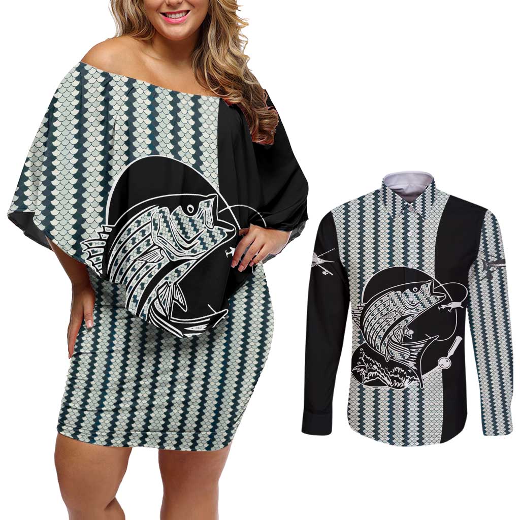 Striped Bass Jumping Graphic Couples Matching Off Shoulder Short Dress and Long Sleeve Button Shirt Rod Reel and Airplane on Fish Scale Pattern - Wonder Print Shop