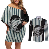 Striped Bass Jumping Graphic Couples Matching Off Shoulder Short Dress and Long Sleeve Button Shirt Rod Reel and Airplane on Fish Scale Pattern - Wonder Print Shop