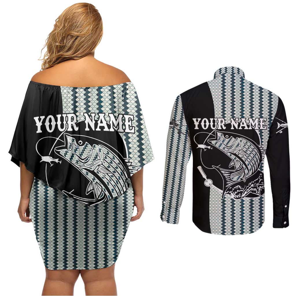 Striped Bass Jumping Graphic Couples Matching Off Shoulder Short Dress and Long Sleeve Button Shirt Rod Reel and Airplane on Fish Scale Pattern - Wonder Print Shop