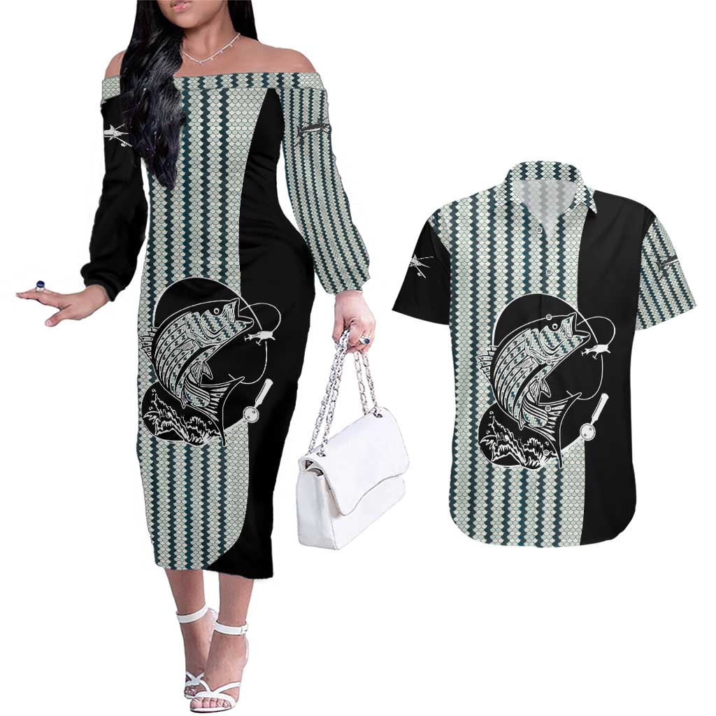 Striped Bass Jumping Graphic Couples Matching Off The Shoulder Long Sleeve Dress and Hawaiian Shirt Rod Reel and Airplane on Fish Scale Pattern - Wonder Print Shop