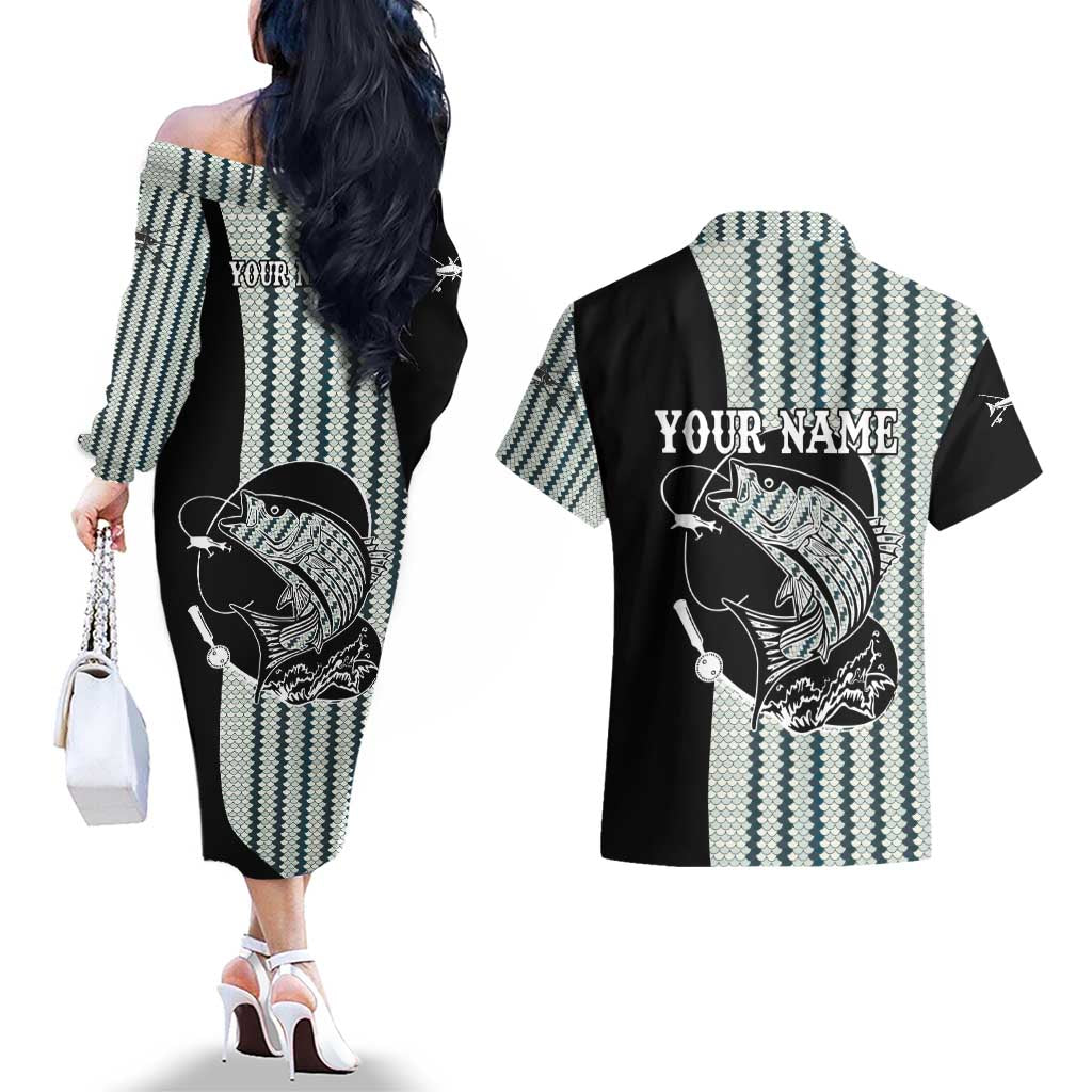 Striped Bass Jumping Graphic Couples Matching Off The Shoulder Long Sleeve Dress and Hawaiian Shirt Rod Reel and Airplane on Fish Scale Pattern - Wonder Print Shop