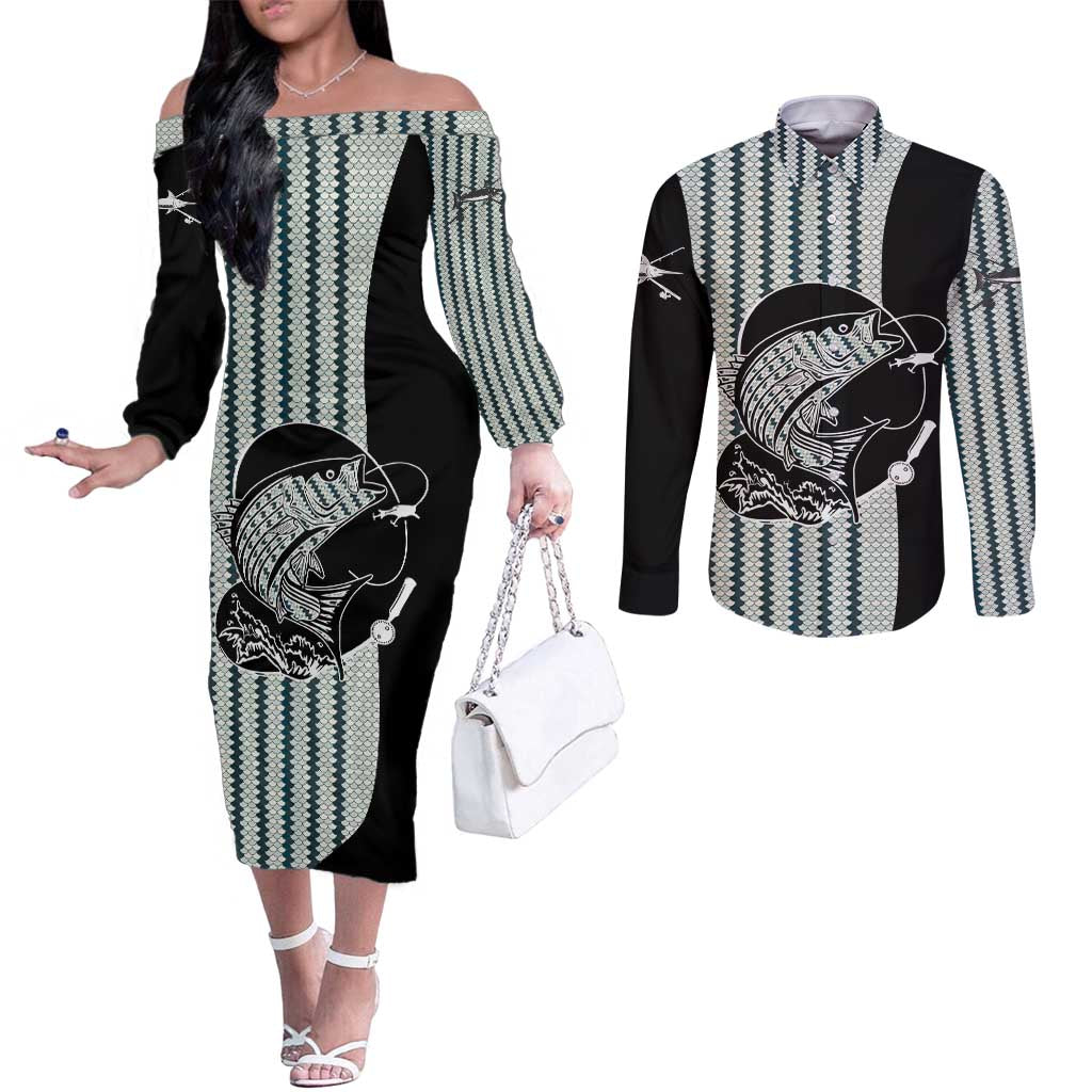 Striped Bass Jumping Graphic Couples Matching Off The Shoulder Long Sleeve Dress and Long Sleeve Button Shirt Rod Reel and Airplane on Fish Scale Pattern - Wonder Print Shop