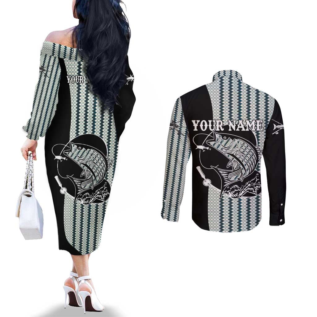 Striped Bass Jumping Graphic Couples Matching Off The Shoulder Long Sleeve Dress and Long Sleeve Button Shirt Rod Reel and Airplane on Fish Scale Pattern - Wonder Print Shop