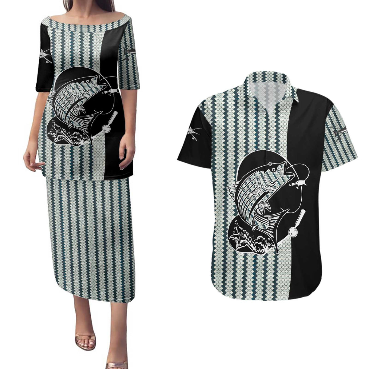Striped Bass Jumping Graphic Couples Matching Puletasi and Hawaiian Shirt Rod Reel and Airplane on Fish Scale Pattern - Wonder Print Shop