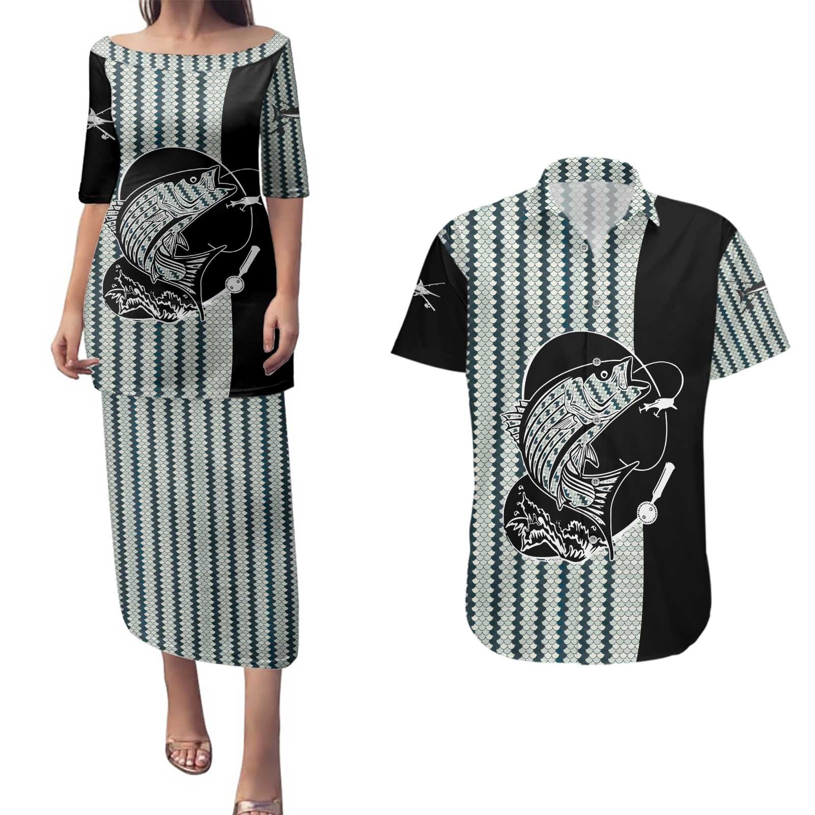 Striped Bass Jumping Graphic Couples Matching Puletasi and Hawaiian Shirt Rod Reel and Airplane on Fish Scale Pattern - Wonder Print Shop