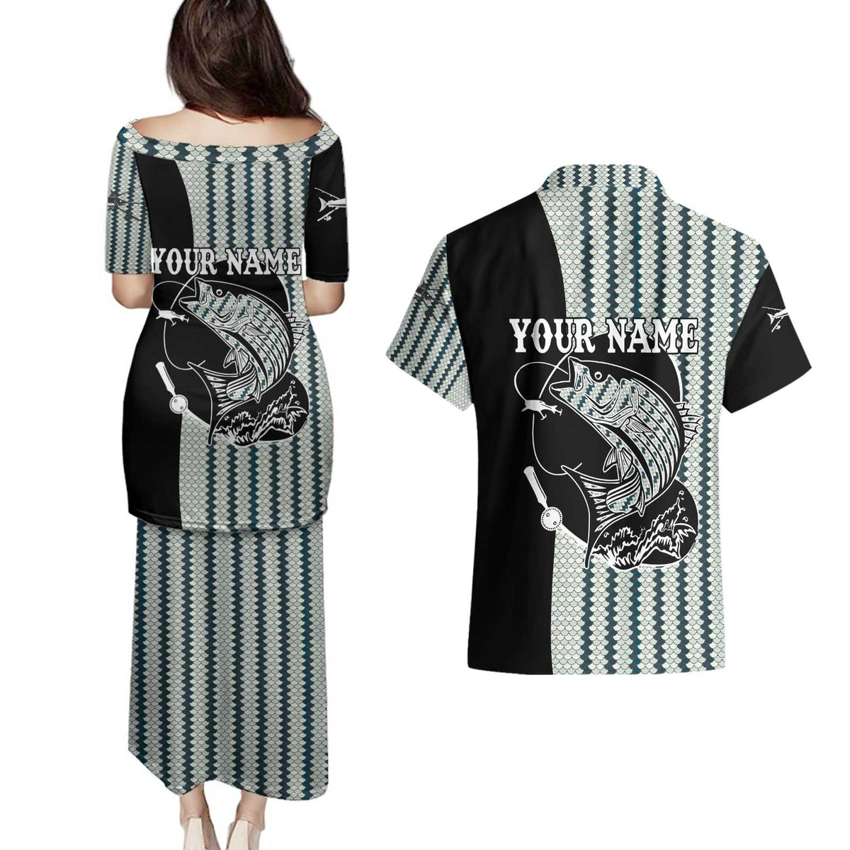 Striped Bass Jumping Graphic Couples Matching Puletasi and Hawaiian Shirt Rod Reel and Airplane on Fish Scale Pattern - Wonder Print Shop