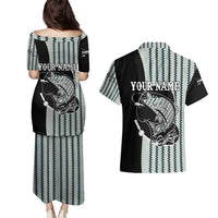 Striped Bass Jumping Graphic Couples Matching Puletasi and Hawaiian Shirt Rod Reel and Airplane on Fish Scale Pattern - Wonder Print Shop