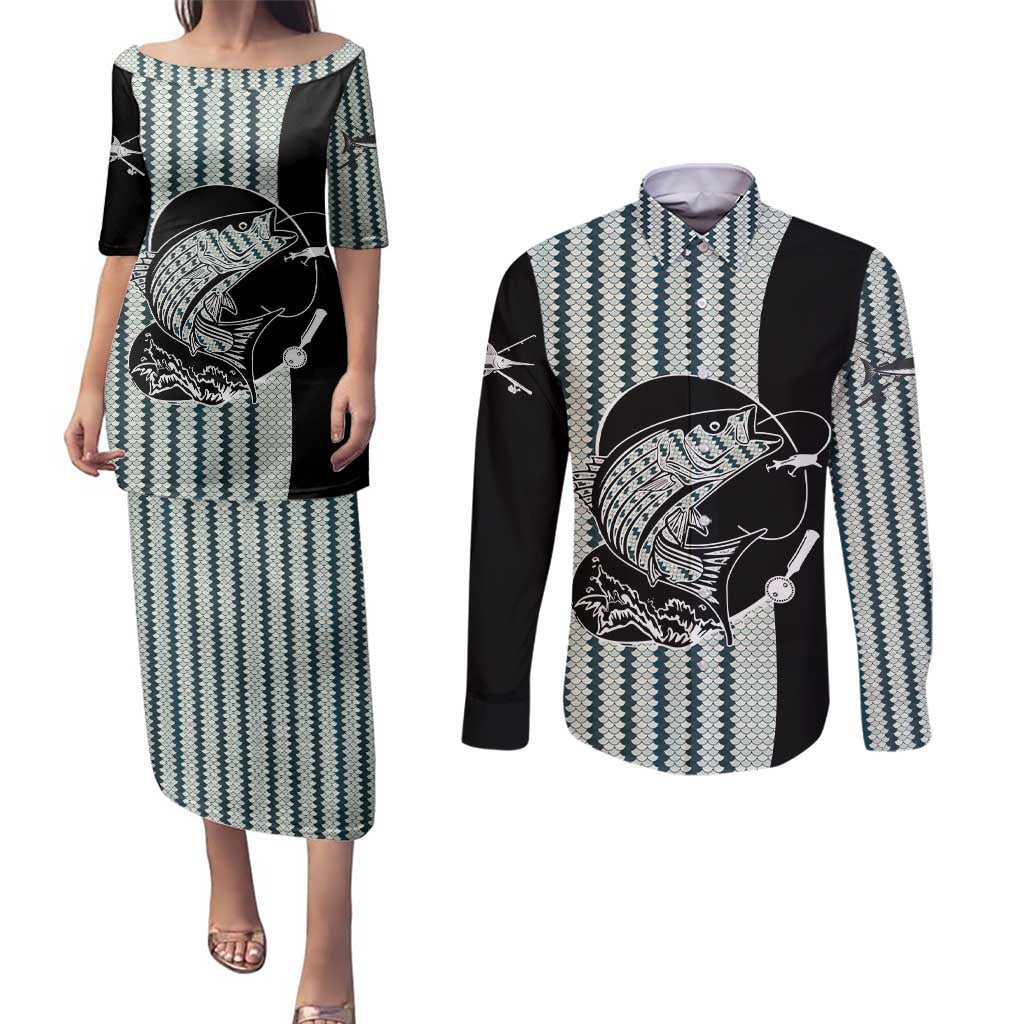 Striped Bass Jumping Graphic Couples Matching Puletasi and Long Sleeve Button Shirt Rod Reel and Airplane on Fish Scale Pattern - Wonder Print Shop