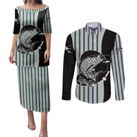Striped Bass Jumping Graphic Couples Matching Puletasi and Long Sleeve Button Shirt Rod Reel and Airplane on Fish Scale Pattern - Wonder Print Shop