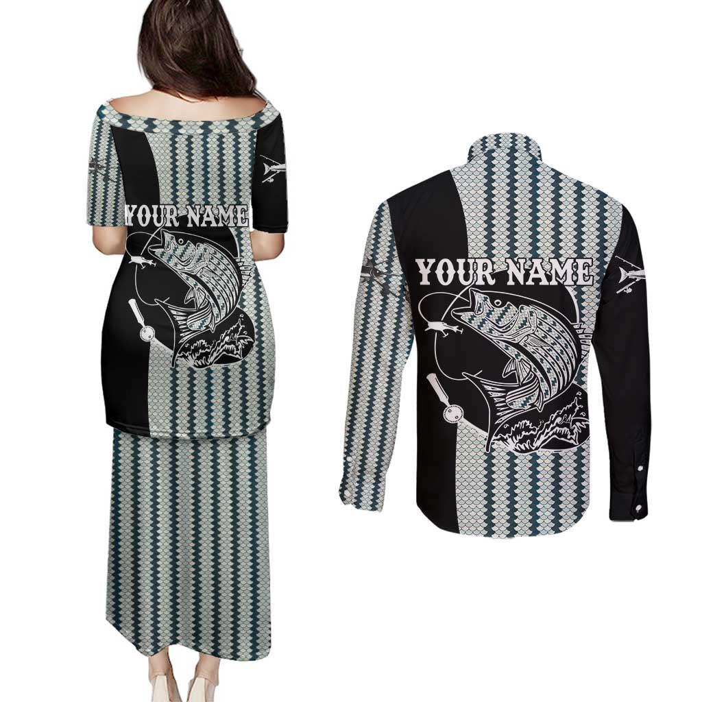 Striped Bass Jumping Graphic Couples Matching Puletasi and Long Sleeve Button Shirt Rod Reel and Airplane on Fish Scale Pattern - Wonder Print Shop