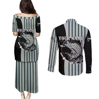 Striped Bass Jumping Graphic Couples Matching Puletasi and Long Sleeve Button Shirt Rod Reel and Airplane on Fish Scale Pattern - Wonder Print Shop