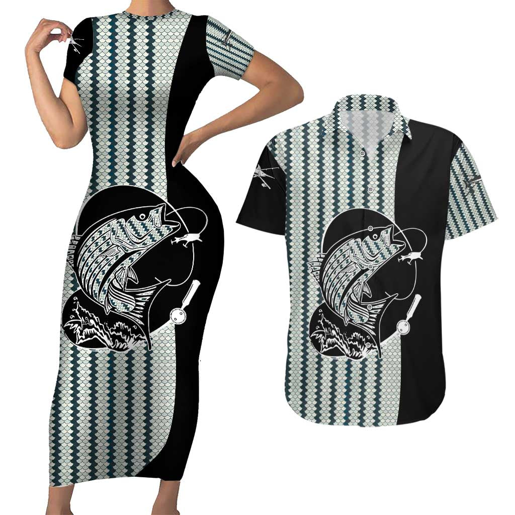 Striped Bass Jumping Graphic Couples Matching Short Sleeve Bodycon Dress and Hawaiian Shirt Rod Reel and Airplane on Fish Scale Pattern - Wonder Print Shop
