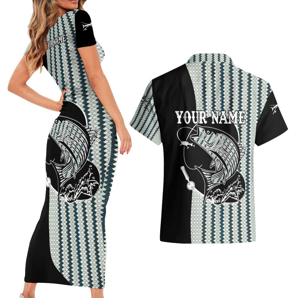 Striped Bass Jumping Graphic Couples Matching Short Sleeve Bodycon Dress and Hawaiian Shirt Rod Reel and Airplane on Fish Scale Pattern - Wonder Print Shop