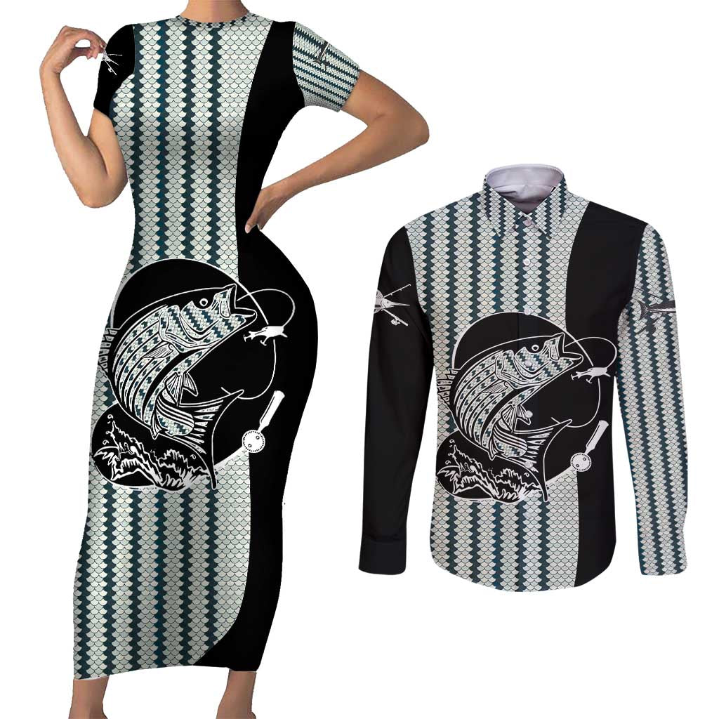 Striped Bass Jumping Graphic Couples Matching Short Sleeve Bodycon Dress and Long Sleeve Button Shirt Rod Reel and Airplane on Fish Scale Pattern - Wonder Print Shop