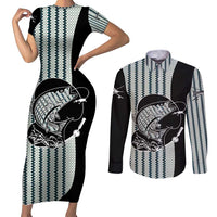 Striped Bass Jumping Graphic Couples Matching Short Sleeve Bodycon Dress and Long Sleeve Button Shirt Rod Reel and Airplane on Fish Scale Pattern - Wonder Print Shop