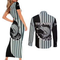 Striped Bass Jumping Graphic Couples Matching Short Sleeve Bodycon Dress and Long Sleeve Button Shirt Rod Reel and Airplane on Fish Scale Pattern - Wonder Print Shop