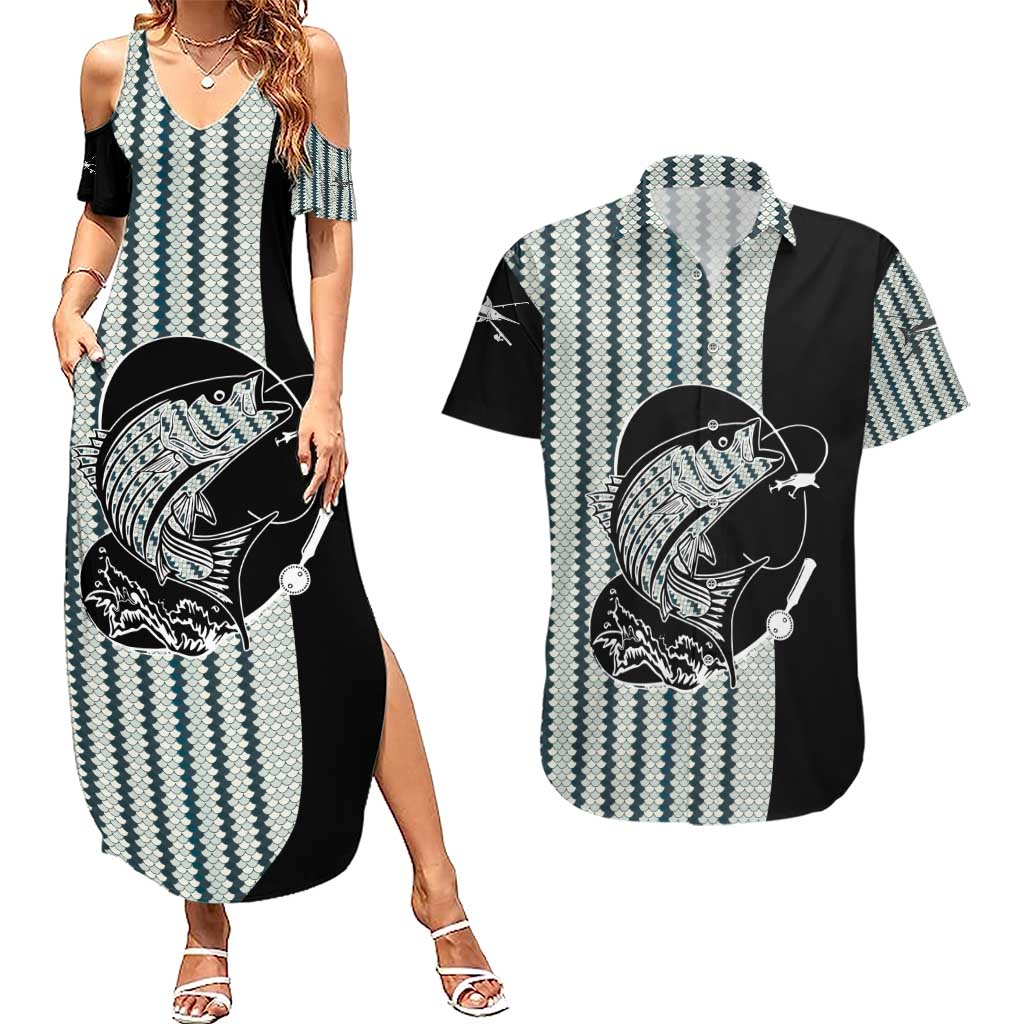 Striped Bass Jumping Graphic Couples Matching Summer Maxi Dress and Hawaiian Shirt Rod Reel and Airplane on Fish Scale Pattern - Wonder Print Shop