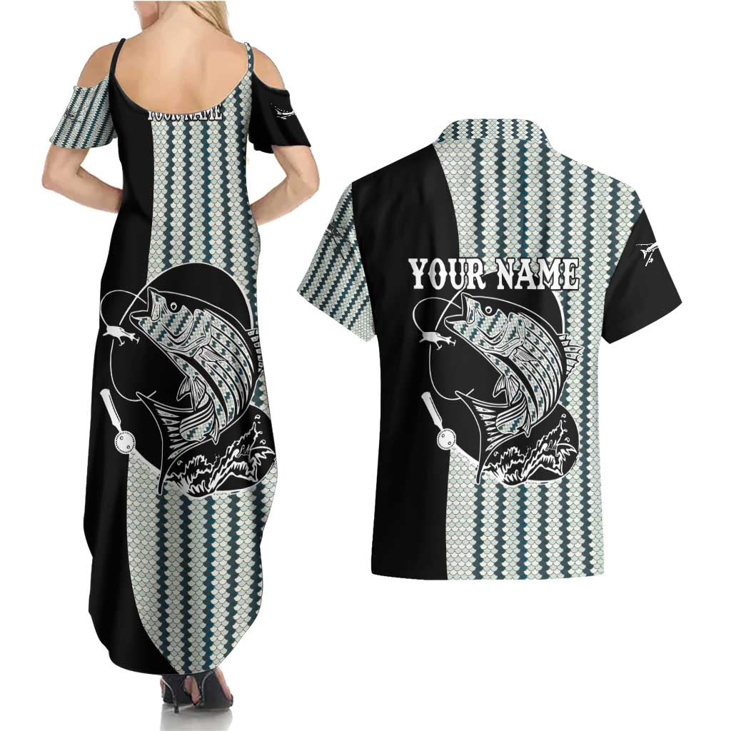 Striped Bass Jumping Graphic Couples Matching Summer Maxi Dress and Hawaiian Shirt Rod Reel and Airplane on Fish Scale Pattern - Wonder Print Shop
